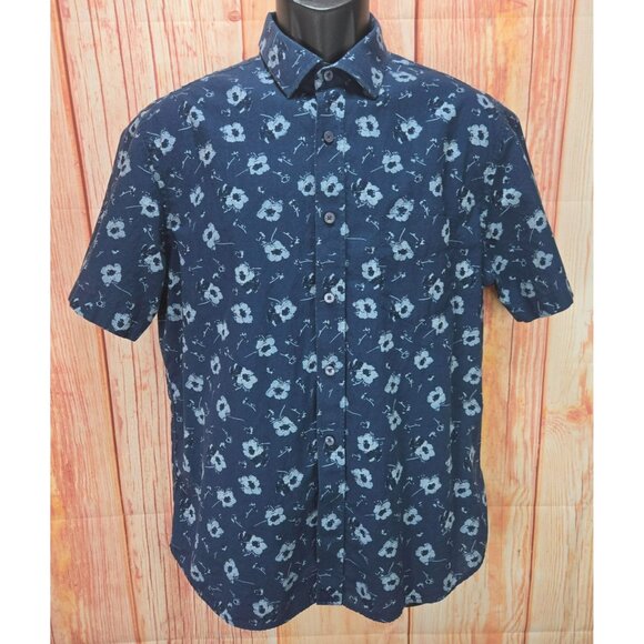 UNTUCKit Floral Print Mens Short Sleeve Shirt Medium Navy Blue - Picture 1 of 5